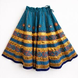 Kutchh Boutique Embroidered Festival Skirt Teal Gold Faux Mirror Boho Medium